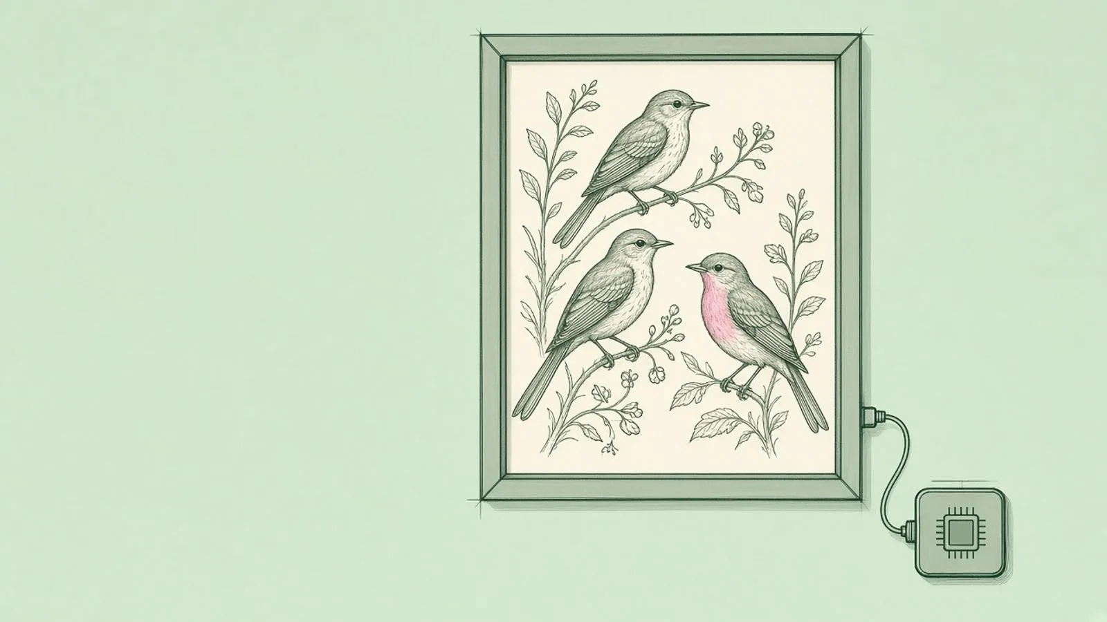 Bird-recognising e-ink frame that draws garden birds as 1800s illustrations